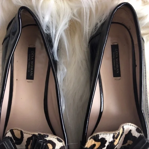 ZARA Black Patent Leather Leopard Print Loafers - Picture 3 of 6